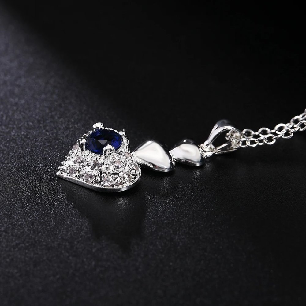 Beautiful 4 Pc Set Sapphire Heart Pendant & Earrings, w.18 Chain Sterling Silver - Picture 4 of 10